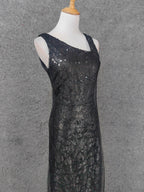 Classic Black Slim-Fit Asymmetric Neck Sequin Tulle Long Classy Prom Dress