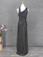 Classic Black Slim-Fit Asymmetric Neck Sequin Tulle Long Classy Prom Dress