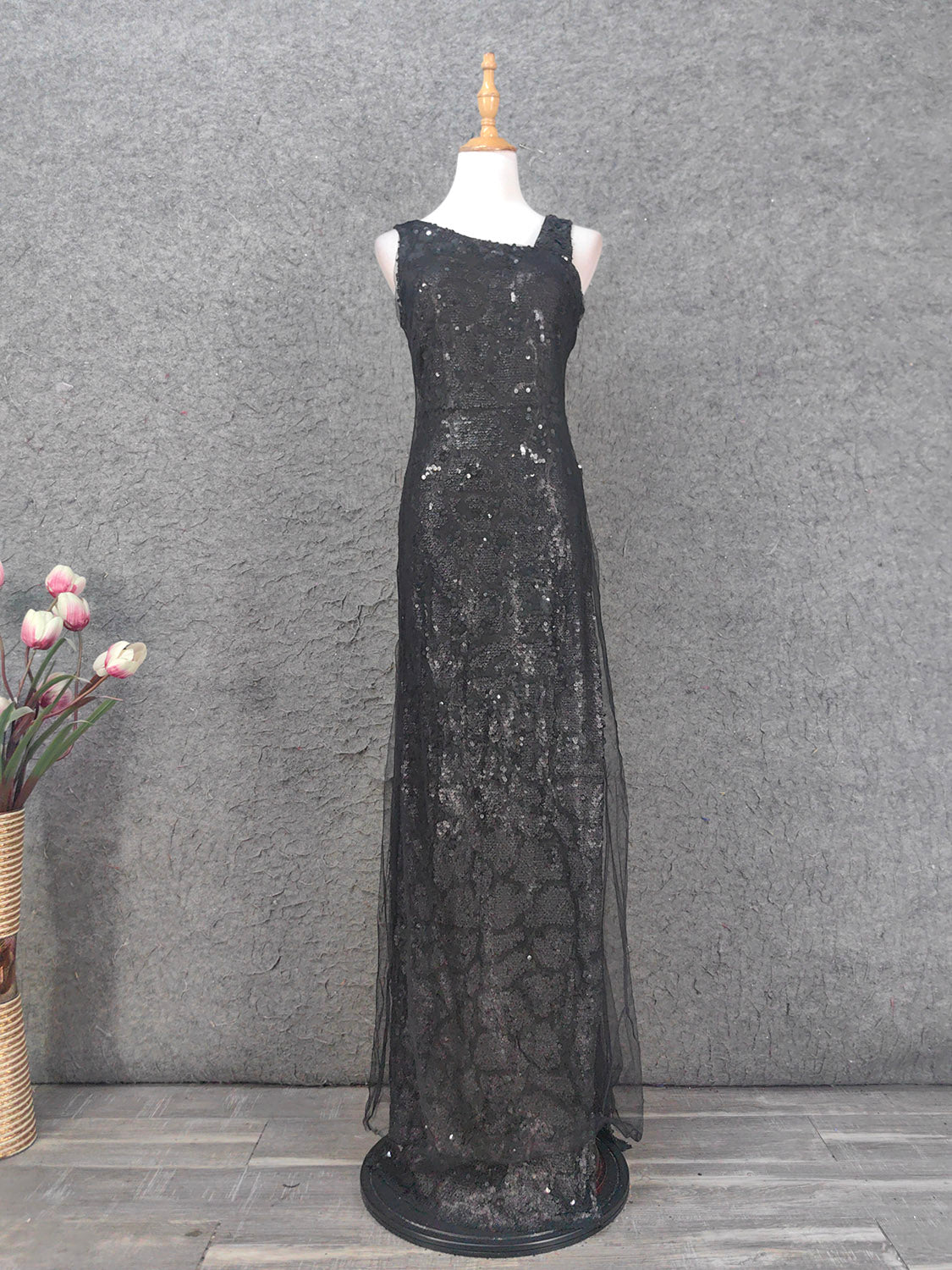 Classic Black Slim-Fit Asymmetric Neck Sequin Tulle Long Classy Prom Dress Main image