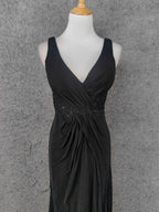 Classic Black V-Neck Sleeveless Open Back Lace Chiffon Long Classy Prom Dress