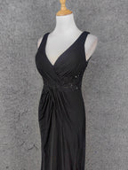 Classic Black V-Neck Sleeveless Open Back Lace Chiffon Long Classy Prom Dress