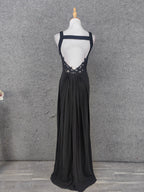 Classic Black V-Neck Sleeveless Open Back Lace Chiffon Long Classy Prom Dress
