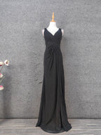 Classic Black V-Neck Sleeveless Open Back Lace Chiffon Long Classy Prom Dress