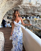 Classic Blue Floral Classy Prom Dress Long Classy Evening Gown