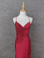 Classic Burgundy Mermaid Spaghetti Strap V-Neck Embroidered Satin Long Classy Prom Dress
