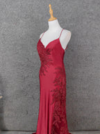 Classic Burgundy Mermaid Spaghetti Strap V-Neck Embroidered Satin Long Classy Prom Dress