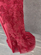 Classic Burgundy Mermaid Spaghetti Strap V-Neck Embroidered Satin Long Classy Prom Dress
