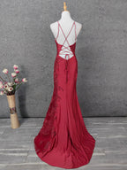 Classic Burgundy Mermaid Spaghetti Strap V-Neck Embroidered Satin Long Classy Prom Dress