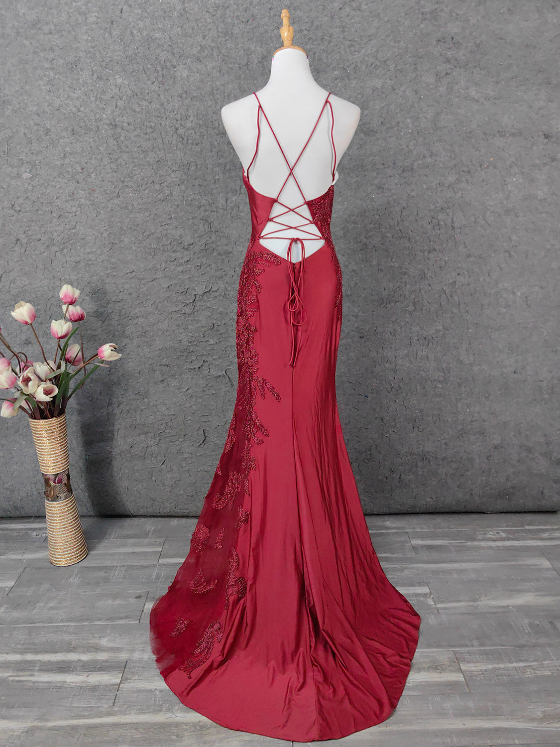 Classic Burgundy Mermaid Spaghetti Strap V-Neck Embroidered Satin Long Classy Prom Dress
