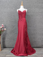 Classic Burgundy Mermaid Spaghetti Strap V-Neck Embroidered Satin Long Classy Prom Dress