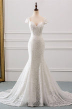 Classic Cap Sleeve Aweetheart Floral Lace Slim Mermaid Wedding Dress Lace Up Wedding Party