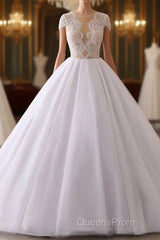 Classic Cap sleeves V neck White Ball Gown Lace Wedding Dress