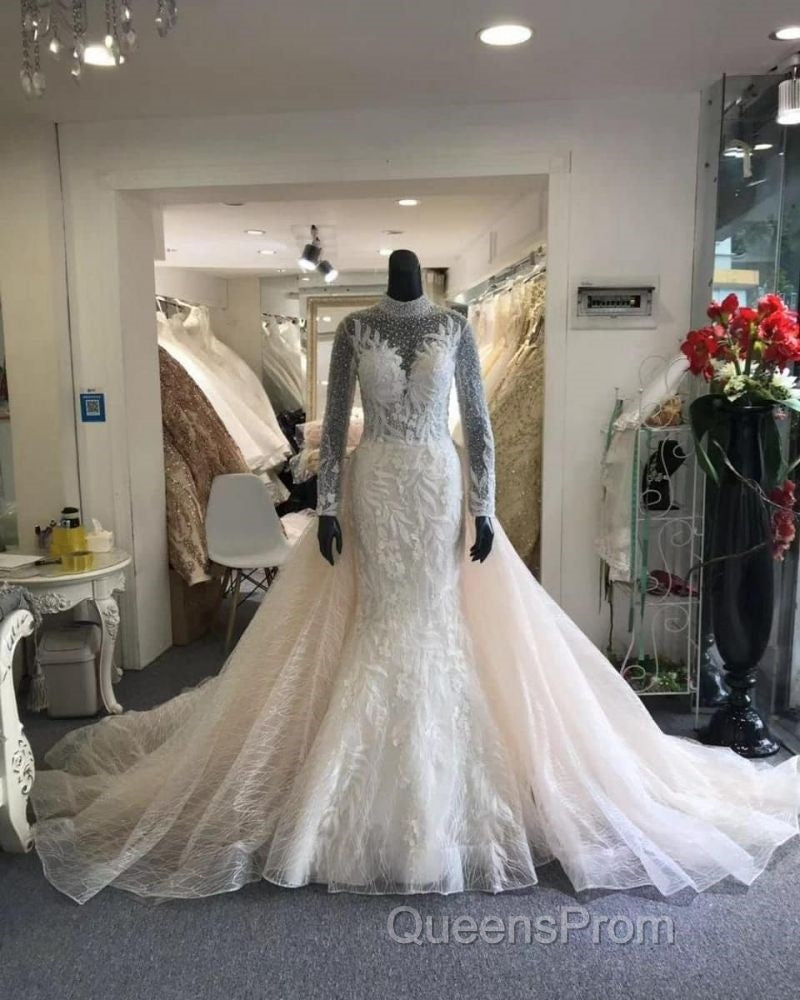 Classic Collar Long Sleeves Floral Pattern Mermaid Wedding Dress Detachable Sweep Train Secondary image