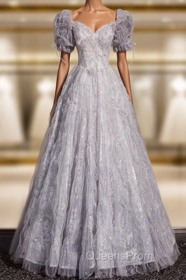 Classic Gray Tulle Sequins Short Sleeve Beading Evening Prom Dress Main image
