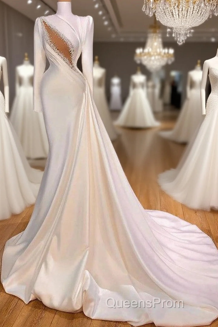 Classic High Neck Long Sleeves Mermaid Wedding Dress Ruffles With Crystals Main image
