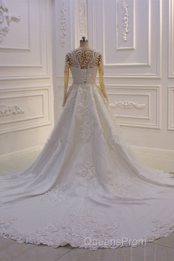Classic Jewel Long Sleevess Tulle Lace Sparkle Ivory Wedding Dress Secondary image