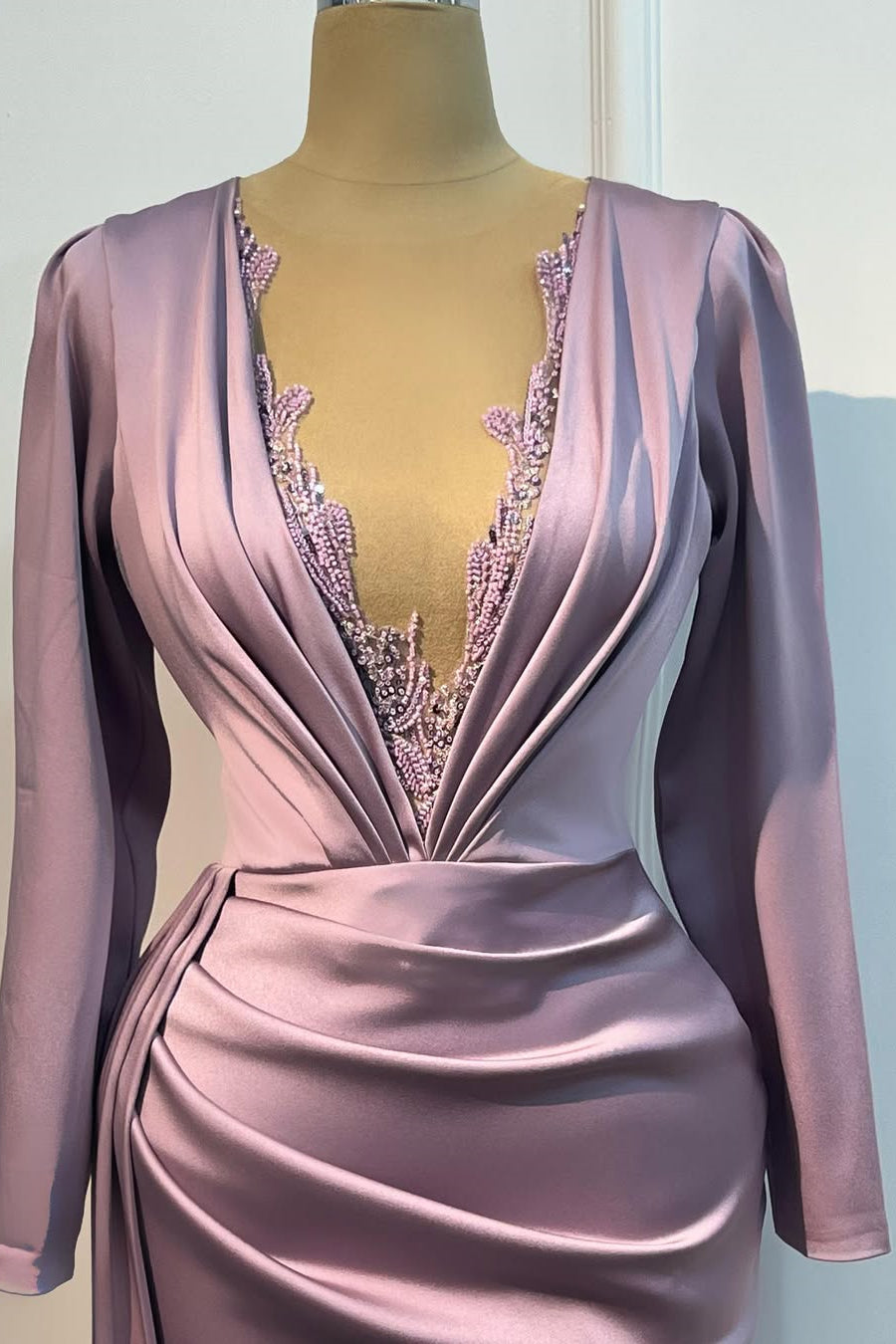 Classic Lilac V-Neck Long Sleeves Satin Prom Dresses Mermaid Column With Beads Secondary image