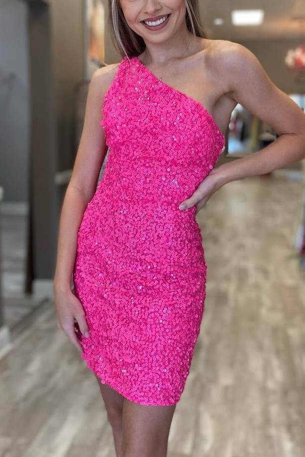 Classic One Shoulder Sleeveless Sequins Tight Party Homecoming Dress Main image