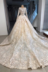 Classic Scoop Long Sleevess Appliques Ball Gown Wedding Dress