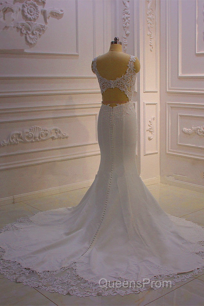 Classic Sleeveless Lace V neck Column White Court Train Wedding Dress Secondary image