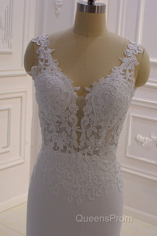 Classic Sleeveless Lace V neck Column White Court Train Wedding Dress