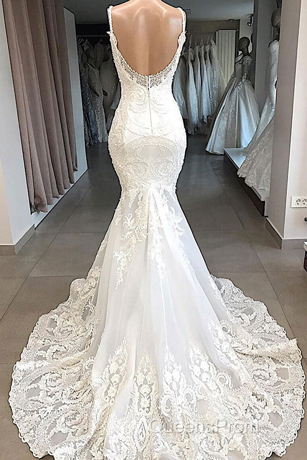 Classic Spaghetti Strap V neck White Sleeveless Mermaid Open Back Wedding Dress with Chapel Train Secondary image