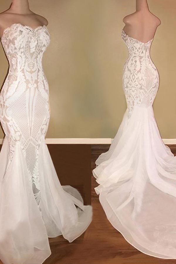 Classic Sparkle Mermaid White Wedding Dress Sweetheart Bridal Gowns With Chapel Train Secondary image