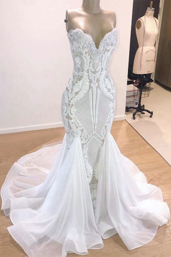 Classic Sparkle Mermaid White Wedding Dress Sweetheart Bridal Gowns With Chapel Train Main image