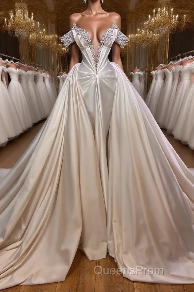 Classic V-Neck Off-the-Shoulder Evening Prom Dress with Beads Main image