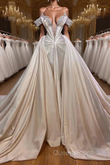 Classic V-Neck Off-the-Shoulder Evening Prom Dress with Beads