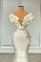 Classic White Long Pearl Ruffle Evening Prom Dress
