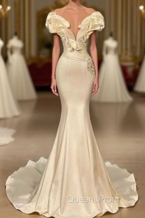 Classic White Long Pearl Ruffle Evening Prom Dress Main image