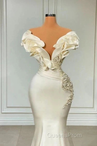 Classic White Mermaid V-Neck Satin Pearl Ruffle Long Evening Prom Dress Elegant Evening Dress Secondary image