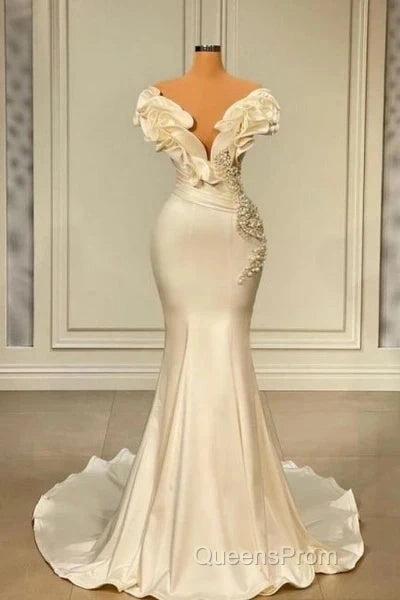 Classic White Mermaid V-Neck Satin Pearl Ruffle Long Evening Prom Dress Elegant Evening Dress