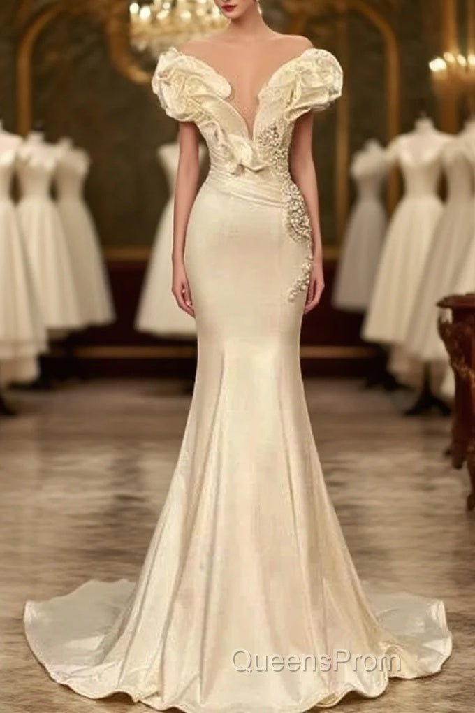 Classic White Mermaid V-Neck Satin Pearl Ruffle Long Evening Prom Dress Elegant Evening Dress Main image