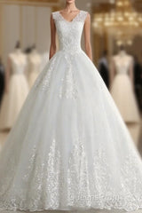 Classic White V neck Sleeveless Ball Gown Lace Wedding Dress