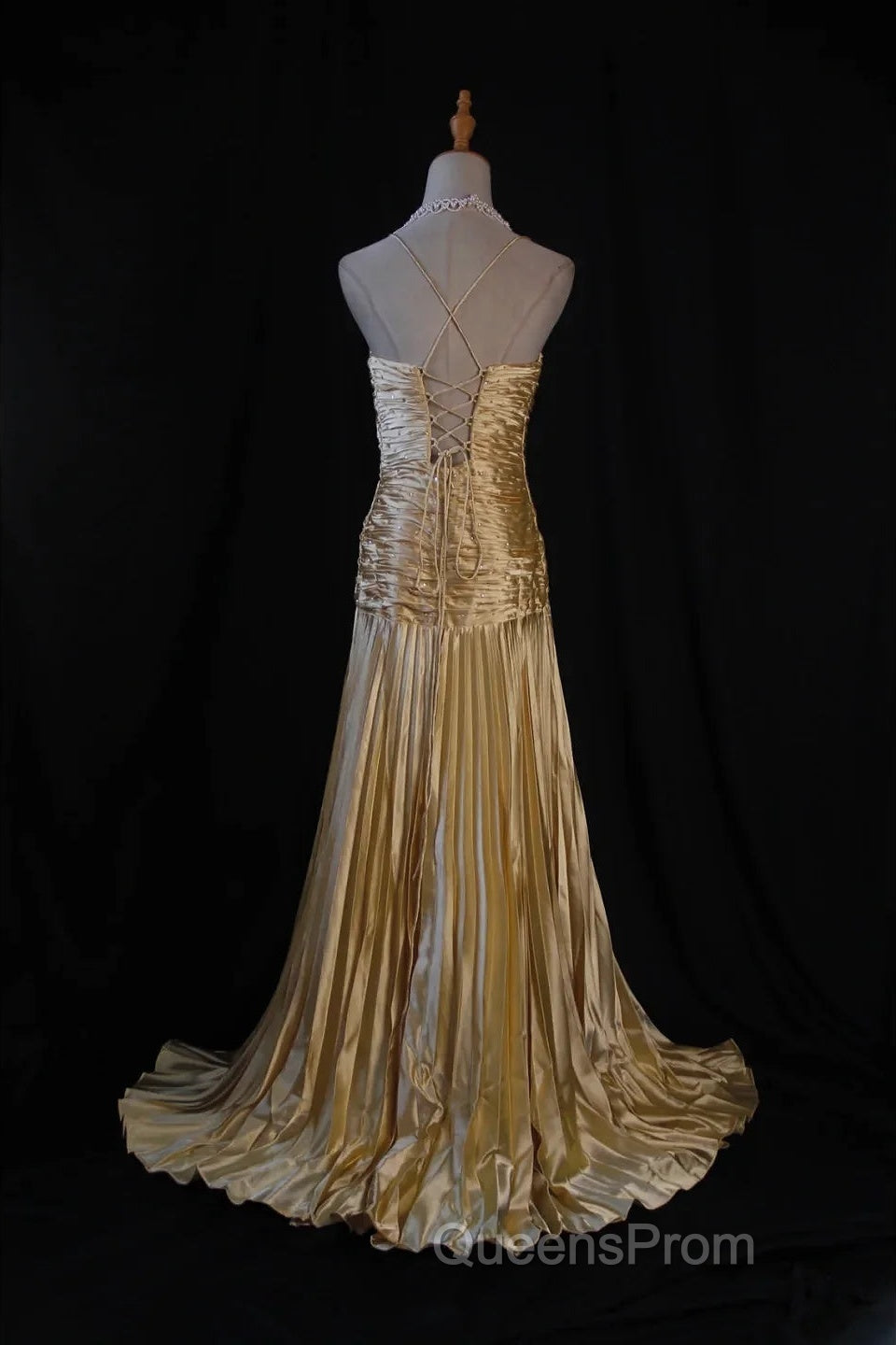 Classy A Line Halter Gold Satin Beads Long Evening Dress Evening Prom Dress Secondary image