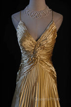 Classy A Line Halter Gold Satin Beads Long Evening Dress Evening Prom Dress