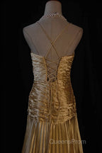 Classy A Line Halter Gold Satin Beads Long Evening Dress Evening Prom Dress