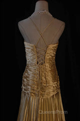 Classy A Line Halter Gold Satin Beads Long Evening Dress Evening Prom Dress