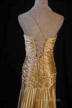 Classy A Line Halter Gold Satin Beads Long Evening Dress Evening Prom Dress