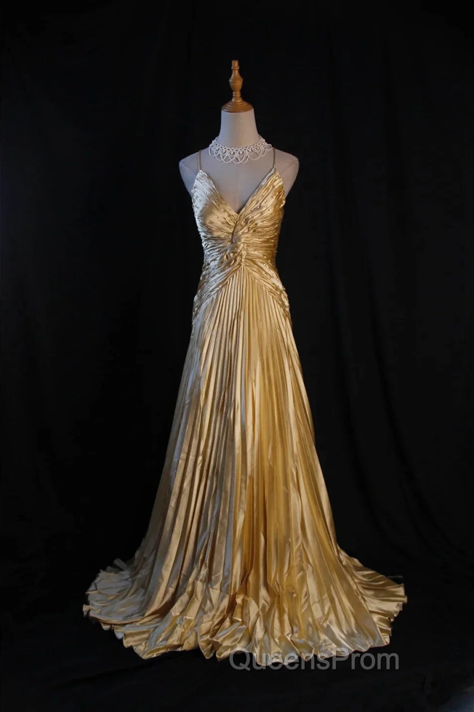 Classy A Line Halter Gold Satin Beads Long Evening Dress Evening Prom Dress