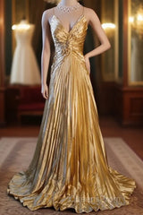 Classy A Line Halter Gold Satin Beads Long Evening Dress Evening Prom Dress