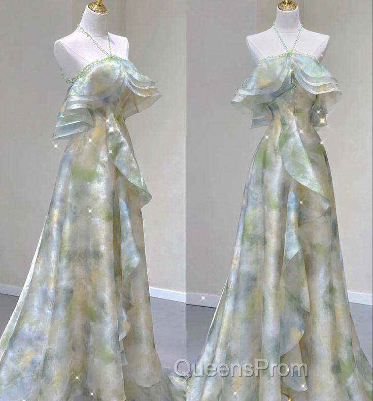 Classy A Line Off The Shoulder Halter Green Floral Long Party Dress Evening Prom Dress Secondary image