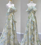 Classy A Line Off The Shoulder Halter Green Floral Long Party Dress Classy Prom Dress