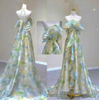 Classy A Line Off The Shoulder Halter Green Floral Long Party Dress Evening Prom Dress