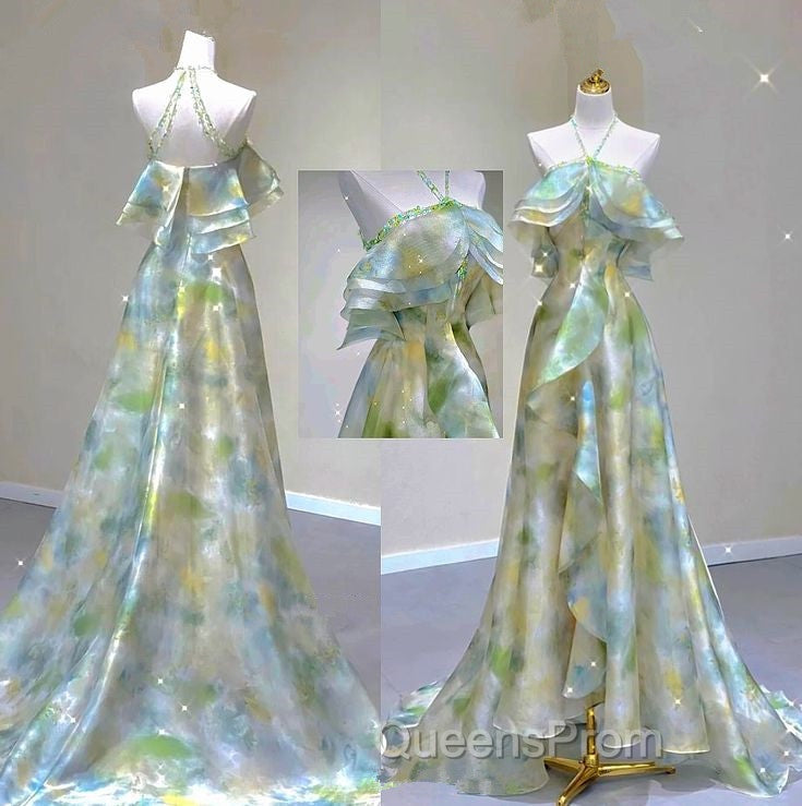 Classy A Line Off The Shoulder Halter Green Floral Long Party Dress Evening Prom Dress