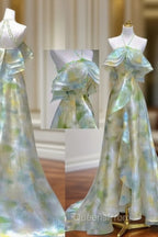 Classy A Line Off The Shoulder Halter Green Floral Long Party Dress Evening Prom Dress