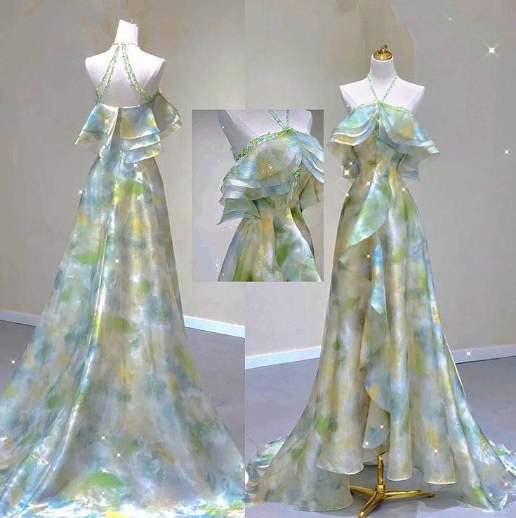 Classy A Line Off The Shoulder Halter Green Floral Long Party Dress Classy Prom Dress