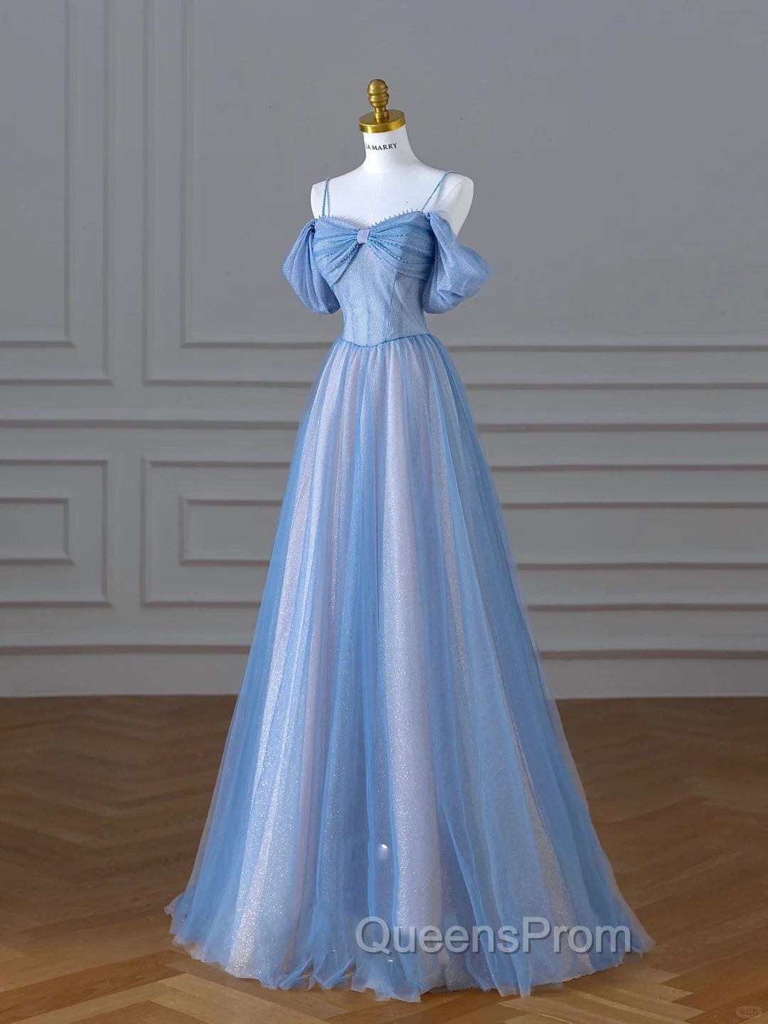 Classy A Line Spaghetti Straps Long Party Dress Blue Evening Prom Dress